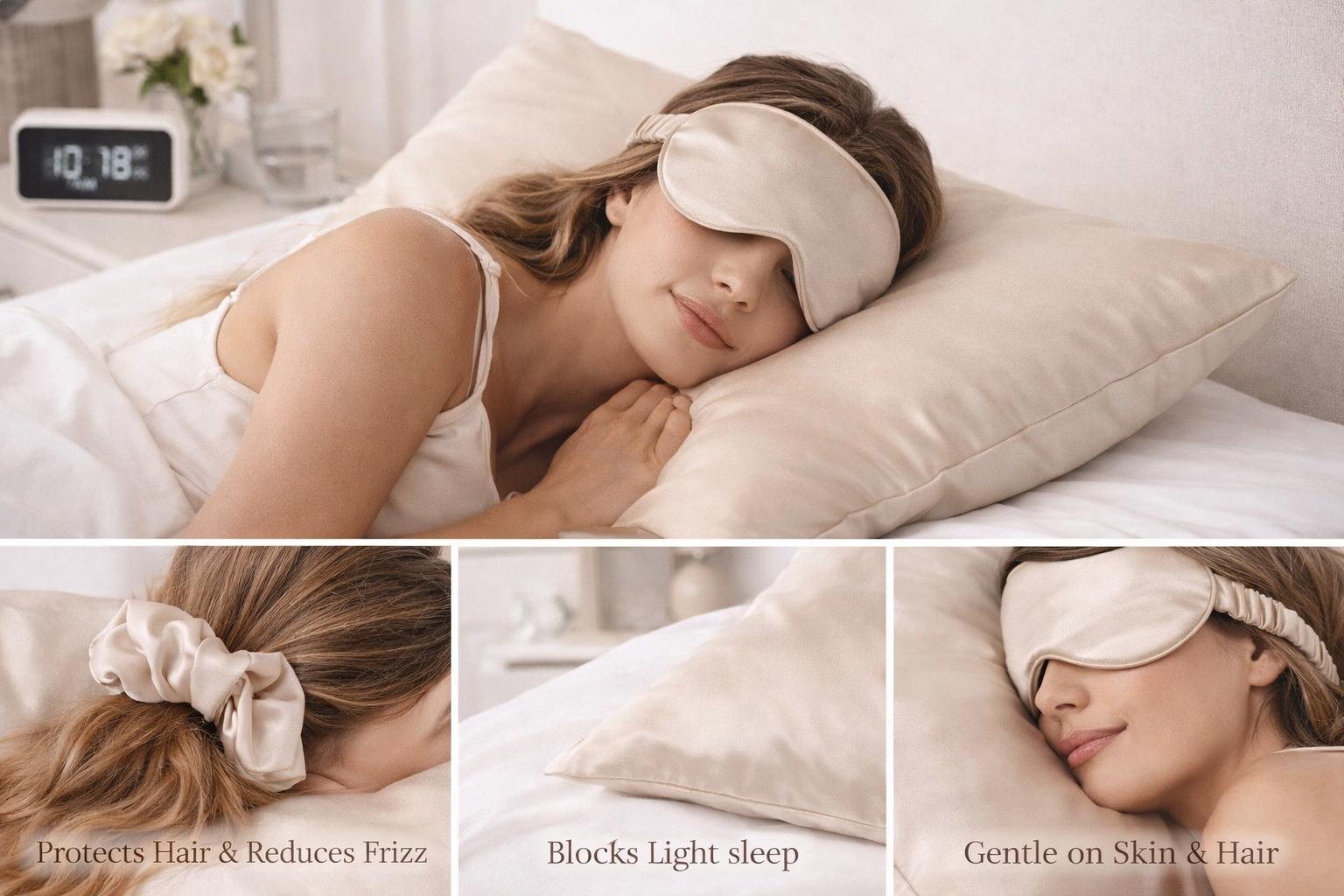 Comfortable Silk Sleep Set (Pillowcase, Eye Mask & Hair Accessories)